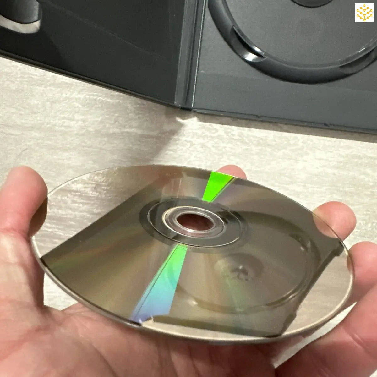 Compact disc (CD) being held by a person’s hands.