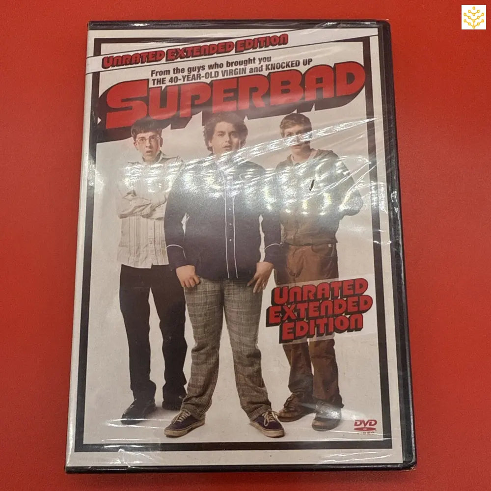 DVD case of the movie ’Superbad’ featuring three figures standing against a white background.