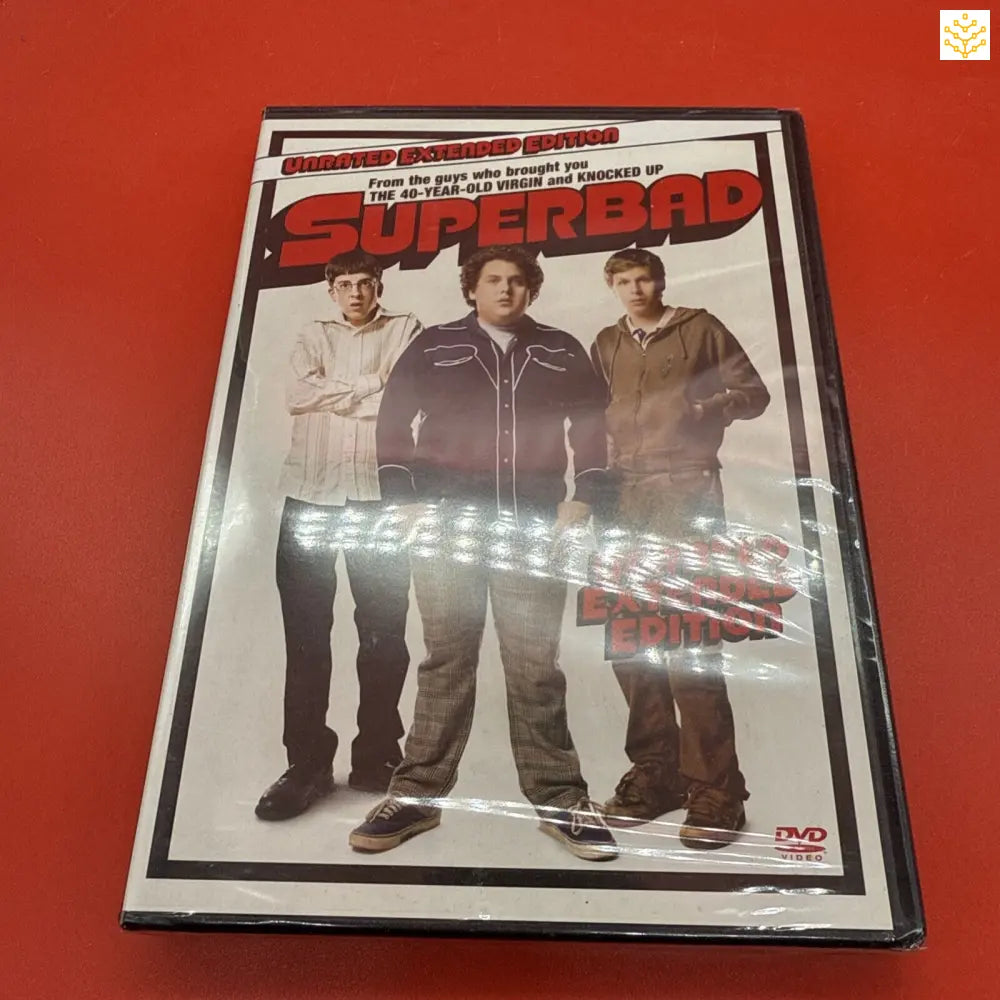 DVD case of the movie Superbad featuring three people standing together.