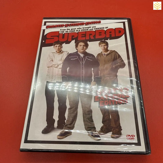 DVD case of the movie Superbad featuring three people standing together.