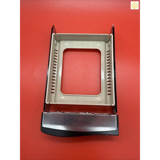 Hard drive tray or caddy with a metal frame and plastic handle.