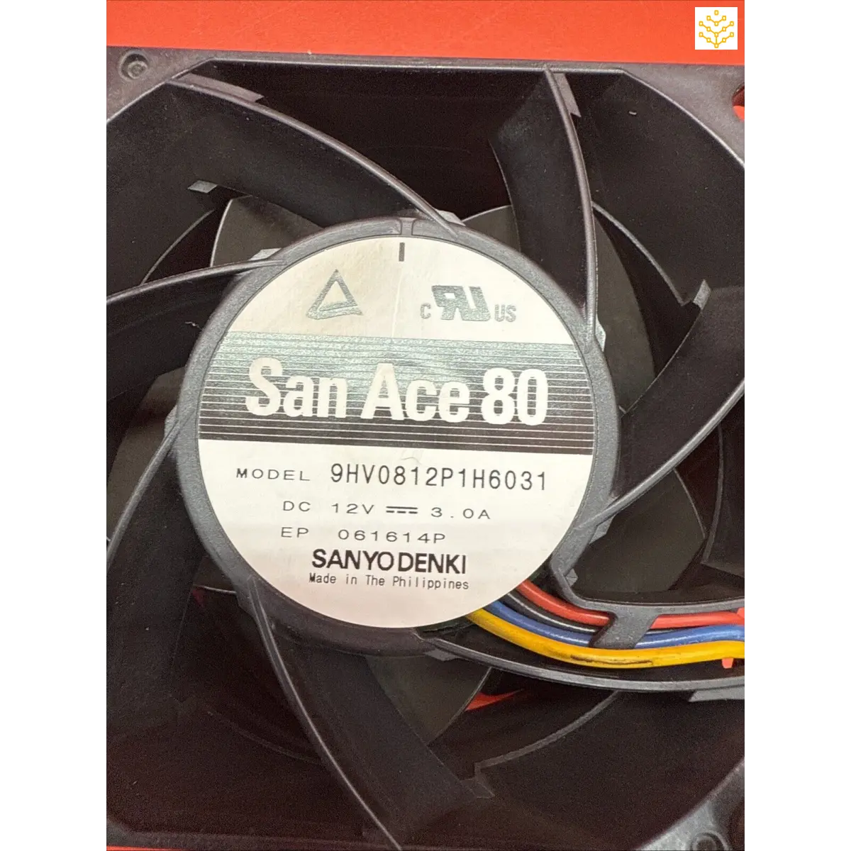 Computer cooling fan labeled ’San Ace 80’’ manufactured by Sanyo Denki.