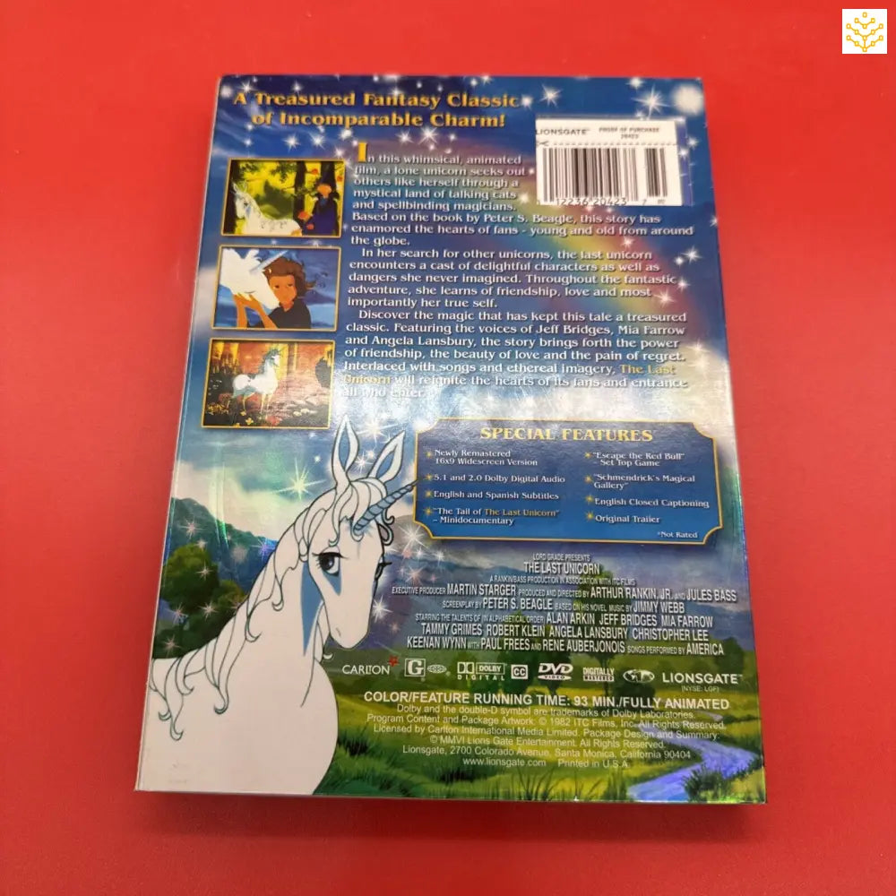 Back cover of a DVD case featuring an illustrated white unicorn against a starry background.