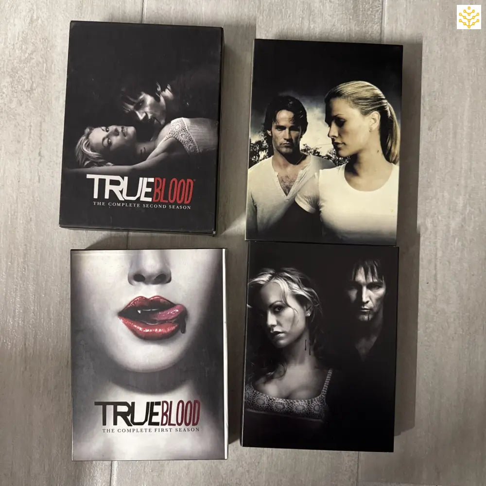 DVD/Blu-ray box set collection of True Blood seasons with promotional artwork.