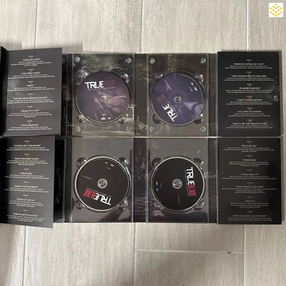 DVD or Blu-ray disc set of the TV series ’True’ with multiple discs displayed in an open case.