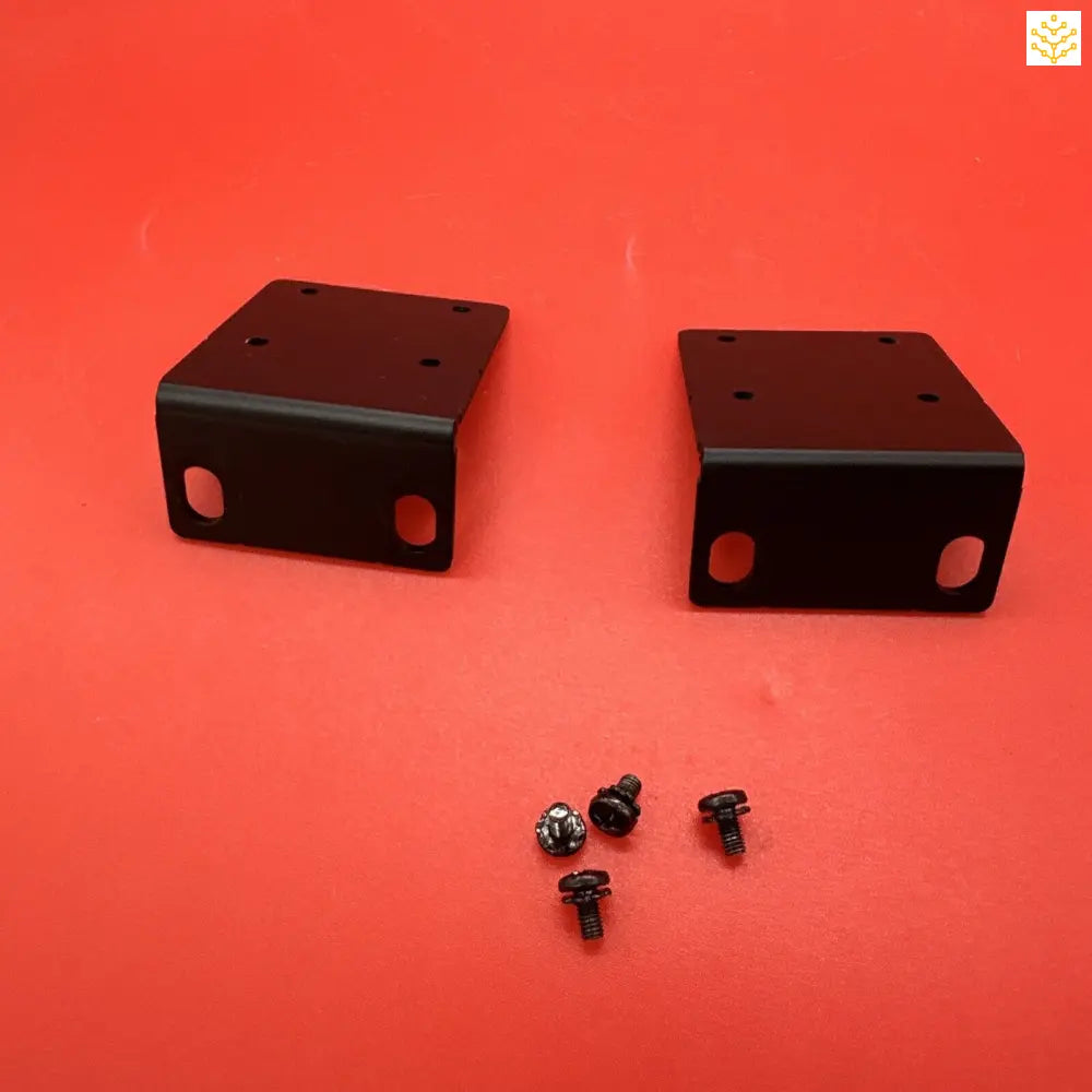 Two black metal mounting brackets with accompanying screws.