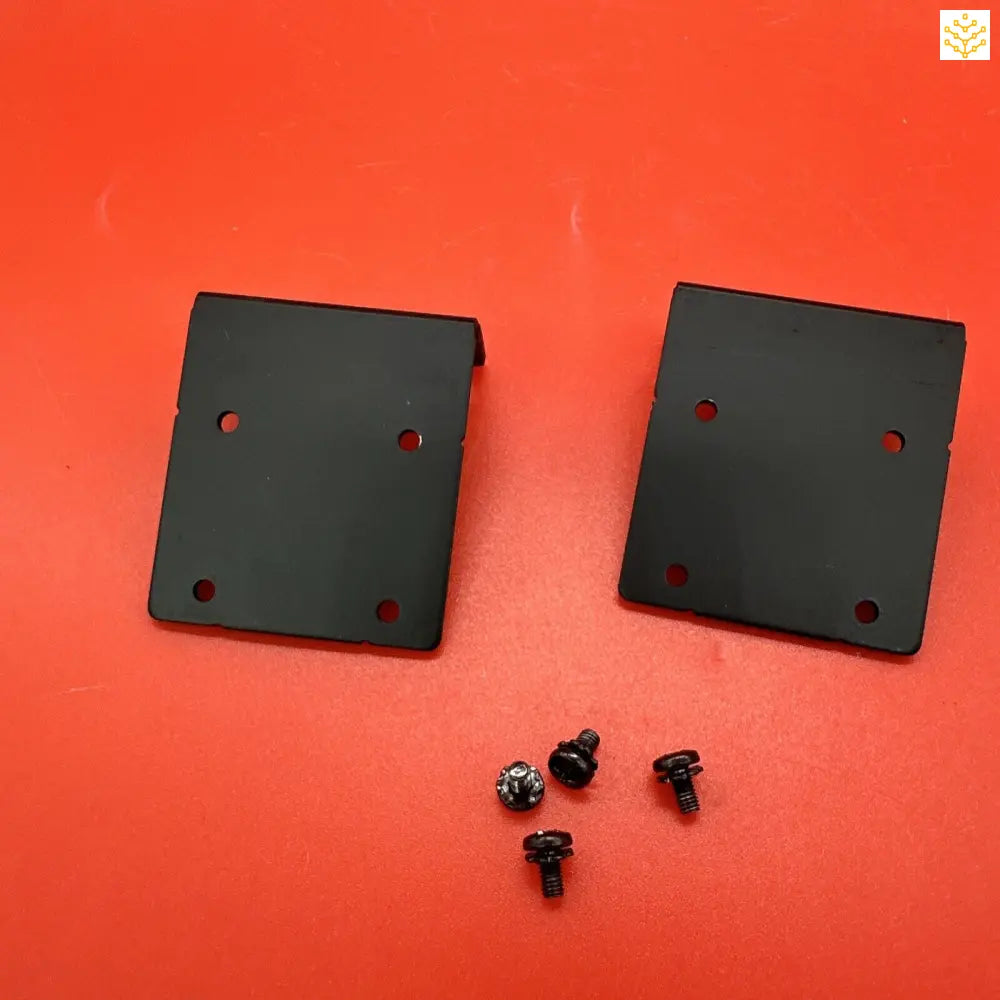 Two black metal mounting brackets with screw holes, accompanied by four small screws.