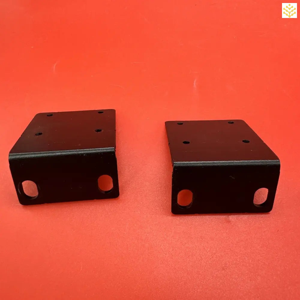 Two black metal brackets or mounting plates with circular cutouts and screw holes.