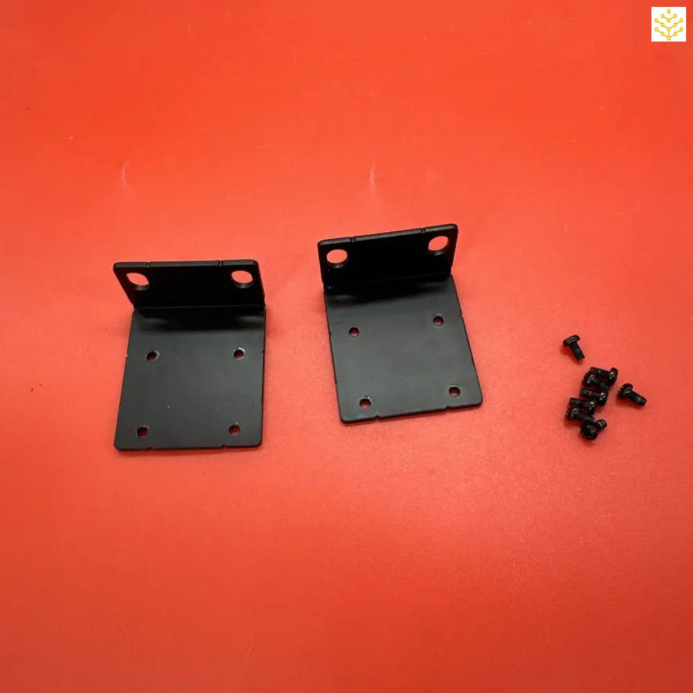 Two black metal mounting brackets with accompanying screws.