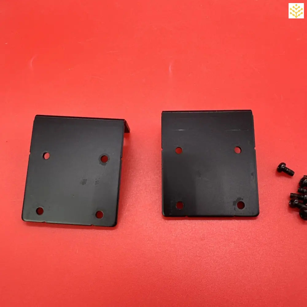 Two black metal mounting plates or brackets with screw holes.